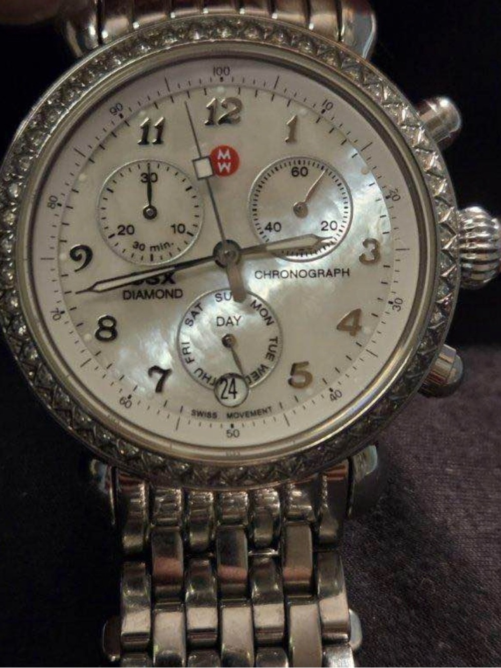 Michele Silver Diamond-Accented Chronograph Watch